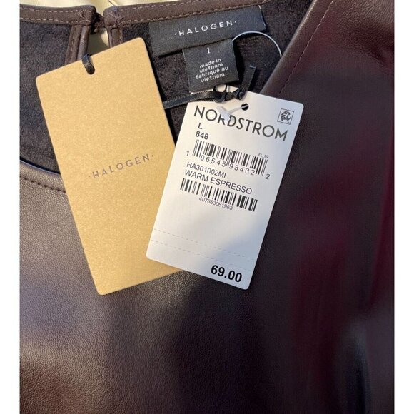 Halogen Nordstrom L Chocolate Brown Faux Leather Crew Neck Sleeveless Shell Top - Picture 5 of 5